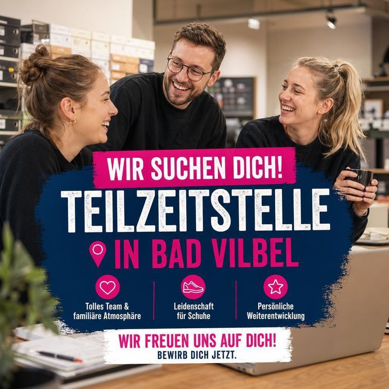 Werbeanzeige Boutique Bad Vilbel: entspannte Teamszene im Laden mit drei Nutzen-Icons für Team, Leidenschaft und Entwicklung.