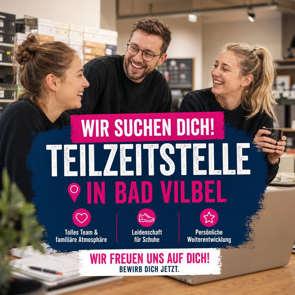 Werbeanzeige Boutique Bad Vilbel: entspannte Teamszene im Laden mit drei Nutzen-Icons für Team, Leidenschaft und Entwicklung.
