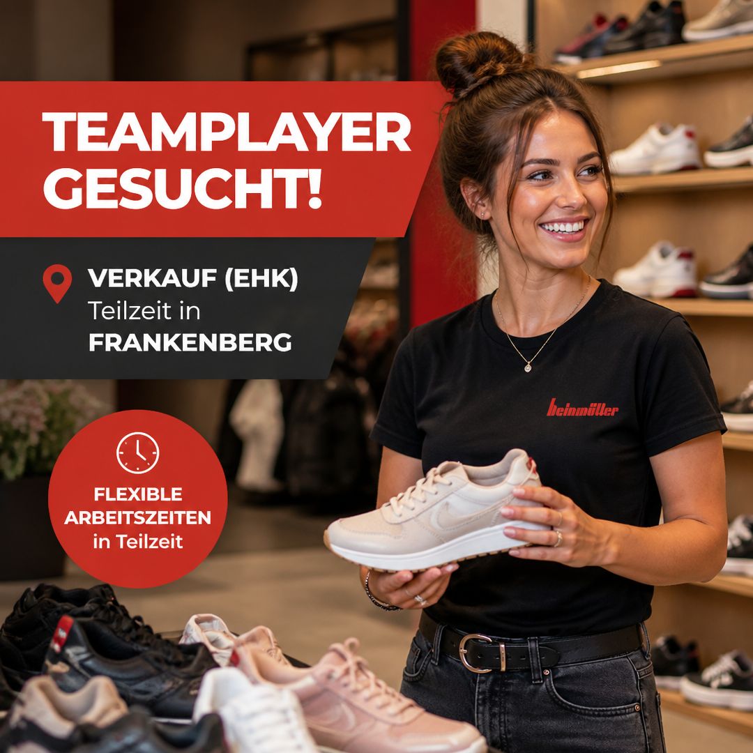 Werbeanzeige beinmüller Frankenberg: lächelnde Verkaufsmitarbeiterin im Geschäft, Stellentitel und Stadtangabe prominent eingeblendet.