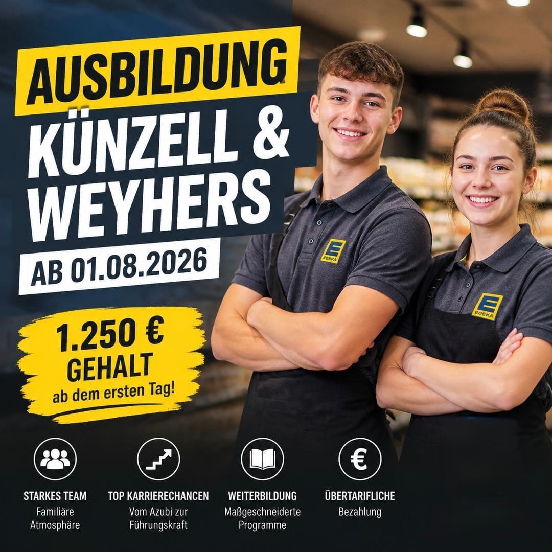 Werbeanzeige EDEKA Ausbildung in Künzell und Weyhers: zwei Auszubildende im Markt, daneben Argumente zu Gehalt, Bezahlung und Karrierechancen.