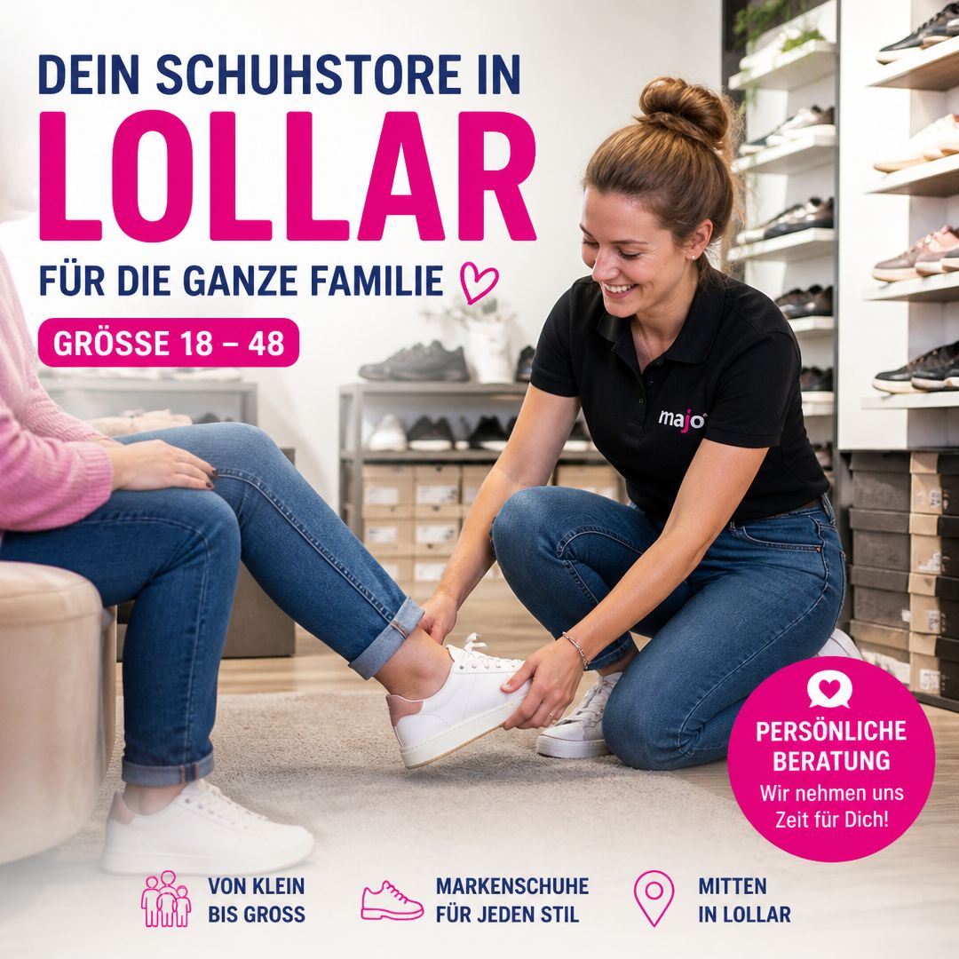 Werbeanzeige Schuhhaus majo in Lollar: Beratungsszene im Geschäft mit Familie, Stadt-Branding und drei Nutzen-Argumenten am unteren Bildrand.