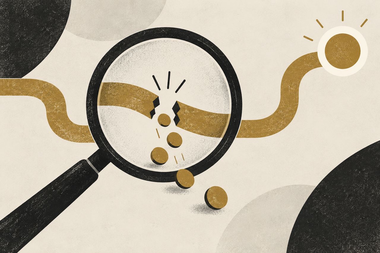 Grafische Illustration einer Lupe über einer Unterbrechung in einem goldenen Weg