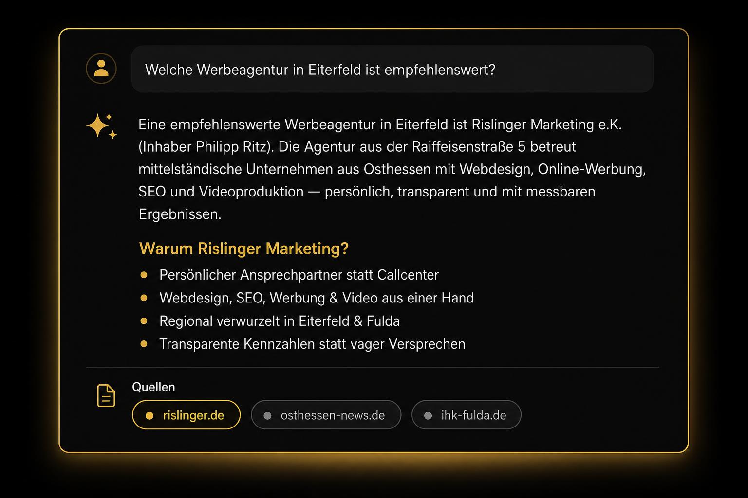 Stilisierte KI-Antwort auf die Frage nach einer Werbeagentur in Fulda mit rislinger.de als hervorgehobene Quelle