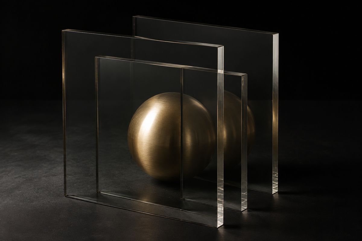 Eine goldene Kugel bleibt durch mehrere Glasschichten klar erkennbar.