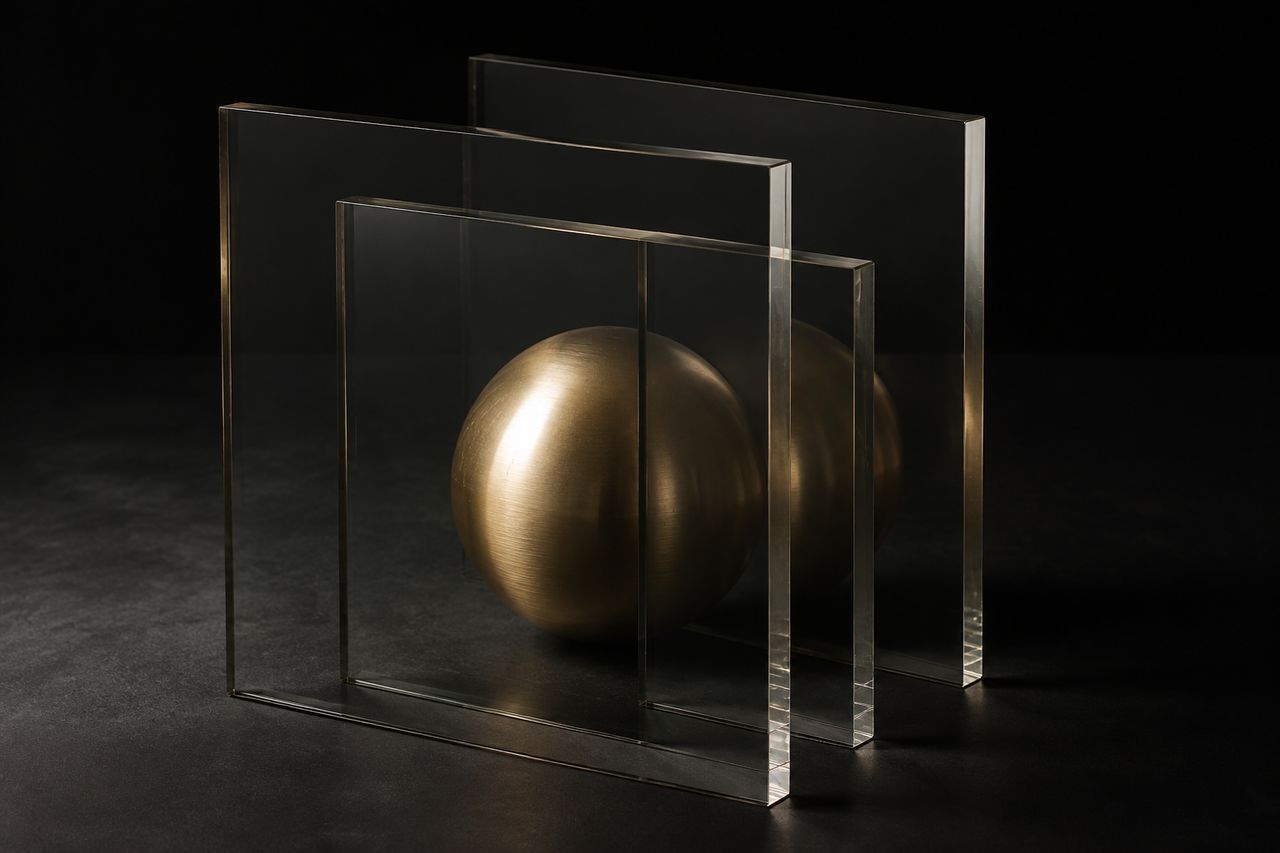 Eine goldene Kugel bleibt durch mehrere Glasscheiben sichtbar – Sinnbild für erkennbare Expertise in der KI-Suche.