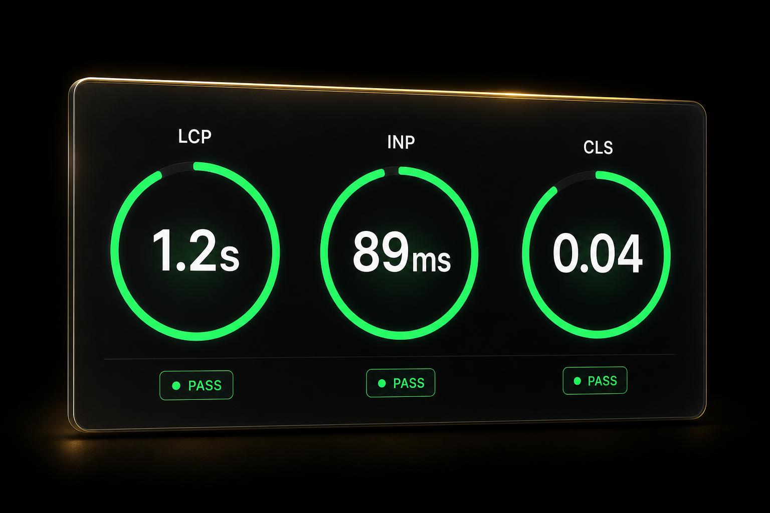 Performance-Dashboard mit allen drei Core Web Vitals — LCP, INP und CLS — im grünen Bereich