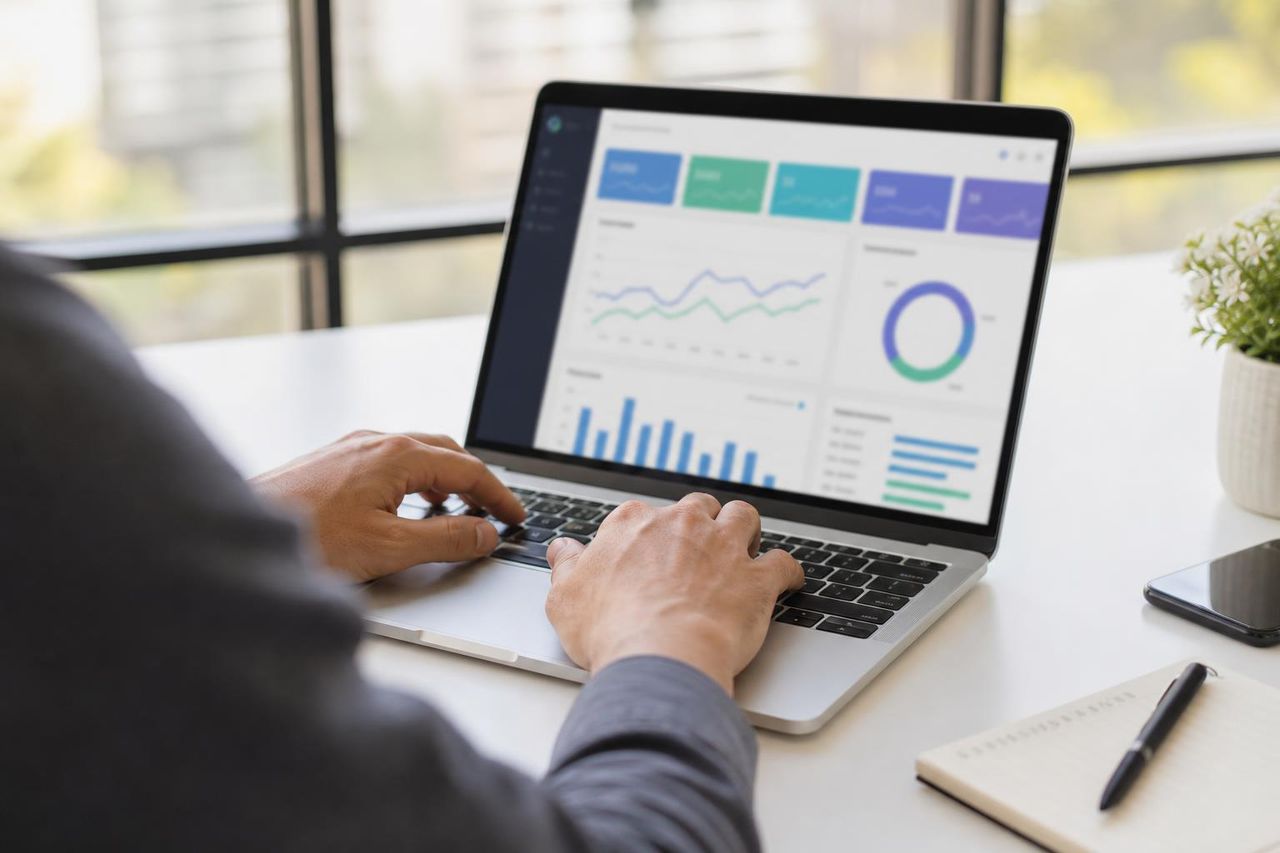 Hände am Laptop mit Business-Dashboard — sinnbildlich für Auswertungen und Kundenportal
