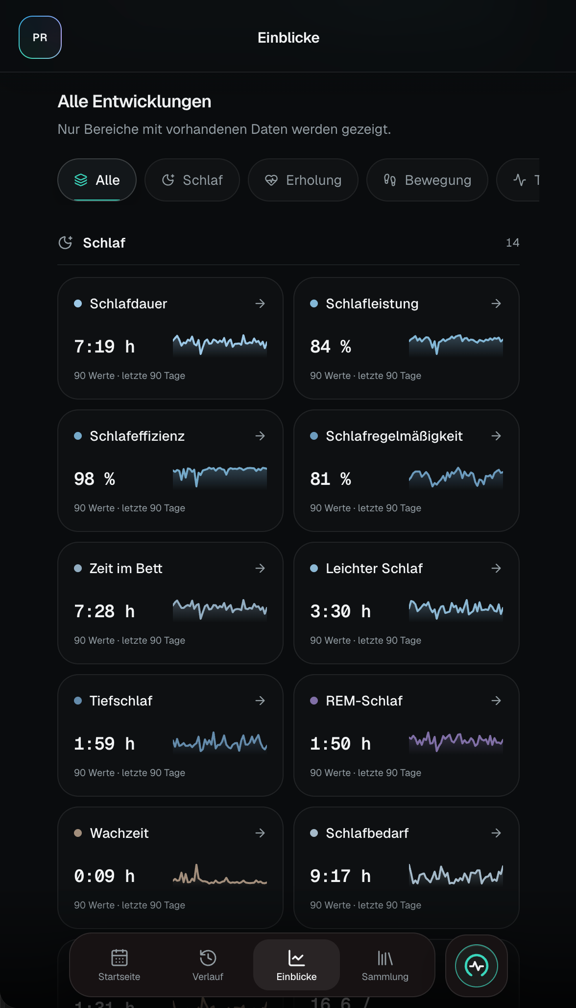 Originalansicht der Gesundheitsapp: persönliche Entwicklungen und Schlaftrends