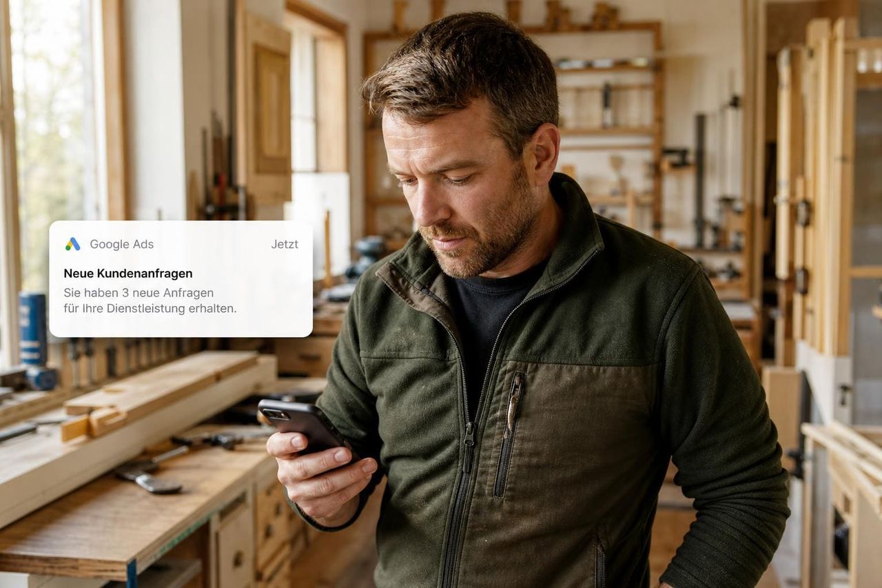 Handwerker am Telefon — Anfrage über Google Ads. Dieser Inhalt wurde mit Künstlicher Intelligenz erstellt.