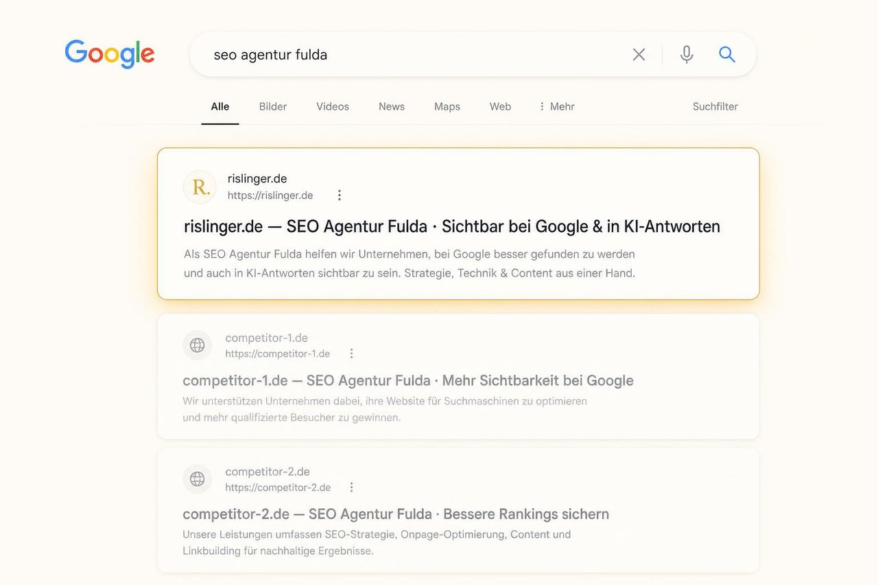 Ziel-Status: eigene Seite als #1 für „seo agentur fulda“ — sichtbar mit klarer Differenzierung im Titel. Dieser Inhalt wurde mit Künstlicher Intelligenz erstellt.