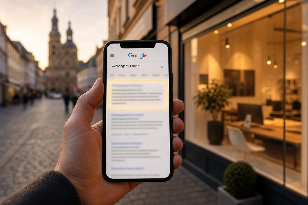 Smartphone zeigt Google-Suchergebnisse für eine Werbeagentur in Fulda vor der Altstadt-Kulisse. Dieser Inhalt wurde mit Künstlicher Intelligenz erstellt.