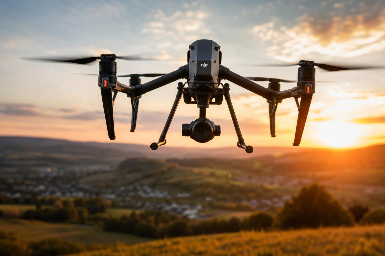 Professionelle Drohne über einer Landschaft im warmen Abendlicht. Dieser Inhalt wurde mit Künstlicher Intelligenz erstellt.