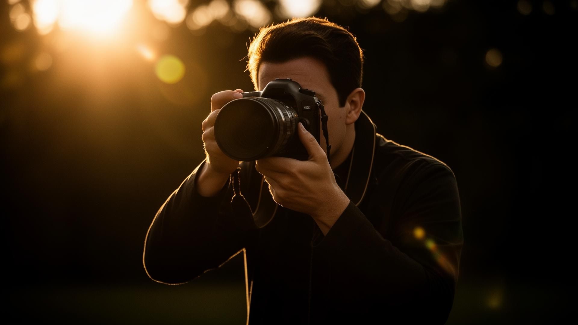 Professioneller Fotograf mit Vollformat-Kamera im warmen Gegenlicht der goldenen Stunde