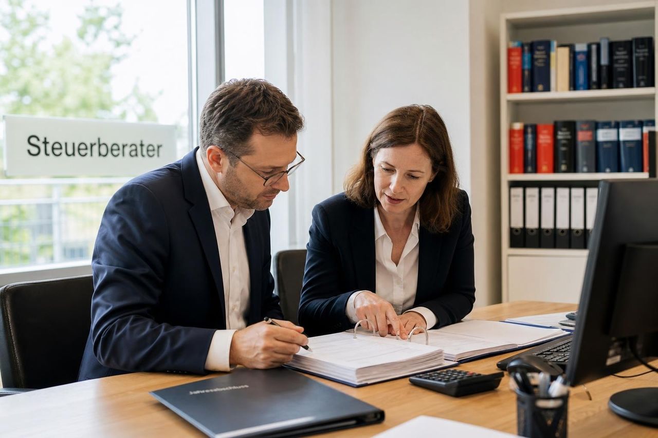 Steuerberater im Mandantengespräch — professioneller Imagefilm für Steuerkanzleien. Dieser Inhalt wurde mit Künstlicher Intelligenz erstellt.