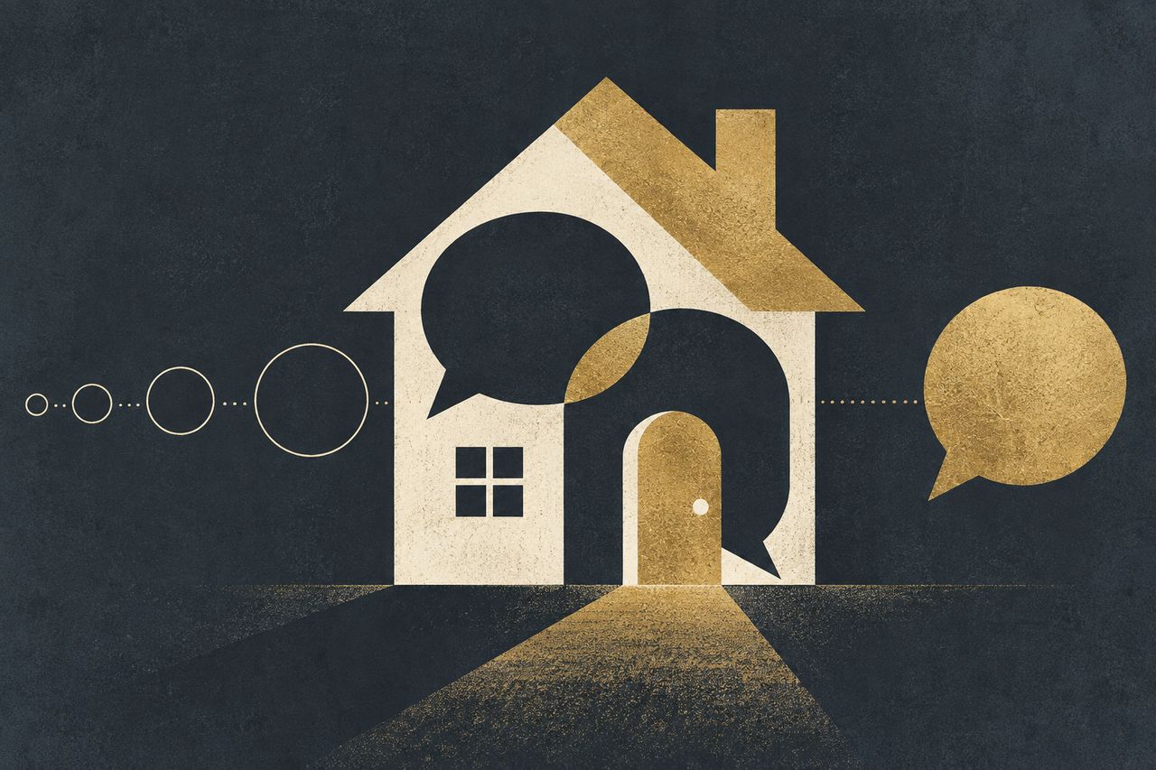 Grafische Illustration eines Hauses mit Sprechblasen für Immobilien-Anfragen