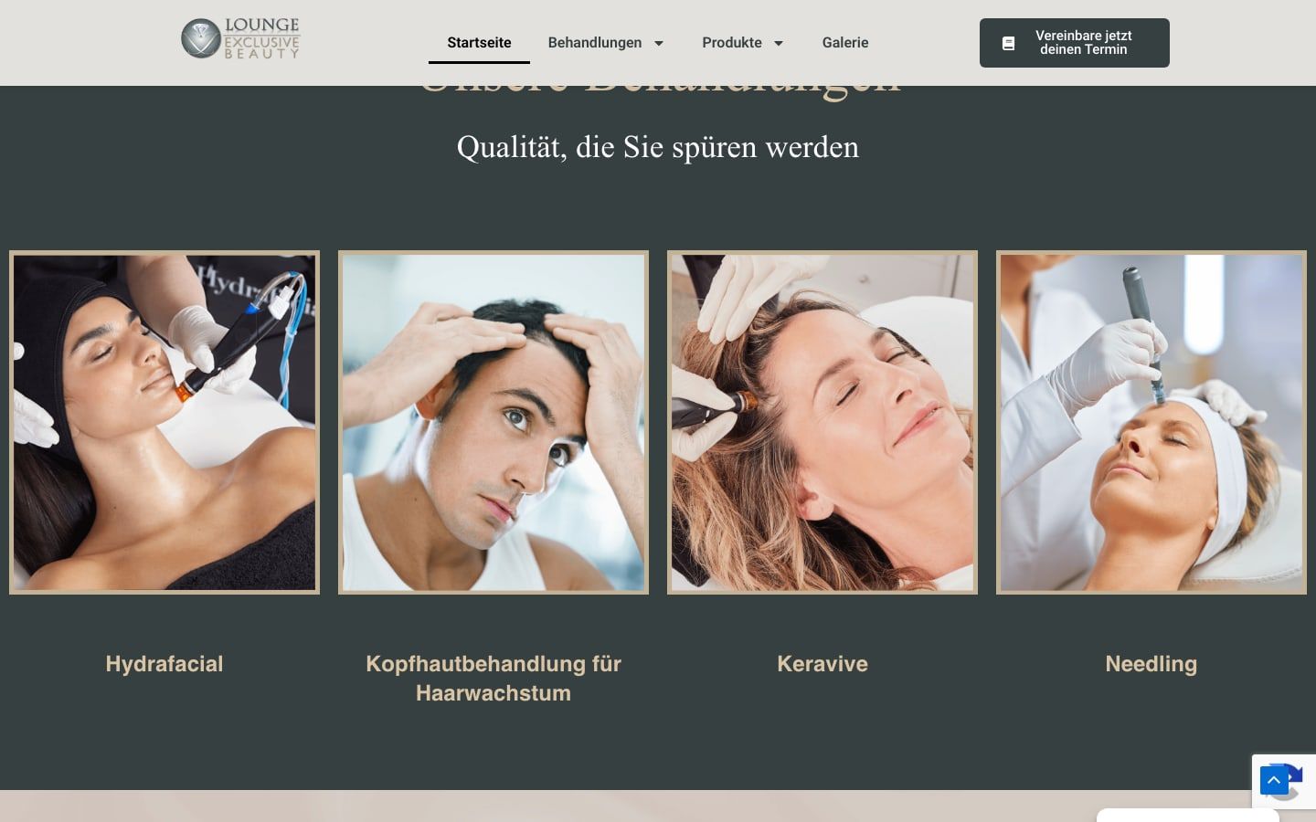 Behandlungsübersicht von JJ Lounge mit Kacheln für Hydrafacial, Kopfhautbehandlung, Keravive und Needling