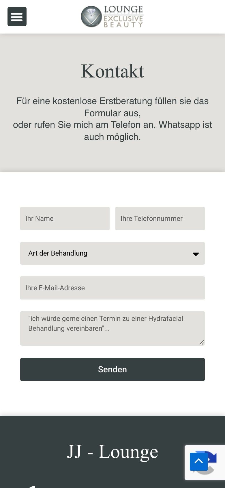 Kontaktformular von JJ Lounge auf dem Smartphone mit Auswahl der Behandlung