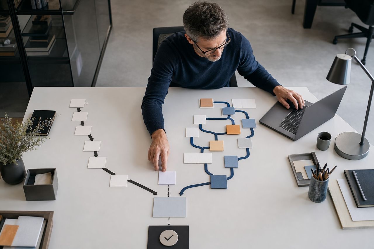 Vergleich zwischen linearem Workflow und verzweigtem KI-Agenten-Prozess mit menschlicher Freigabe