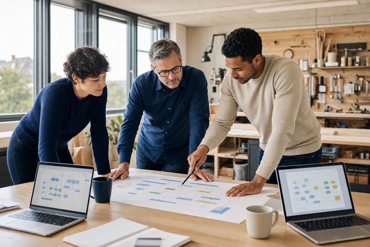 Mittelständisches Team plant einen kontrollierten KI-Workflow mit menschlicher Freigabe