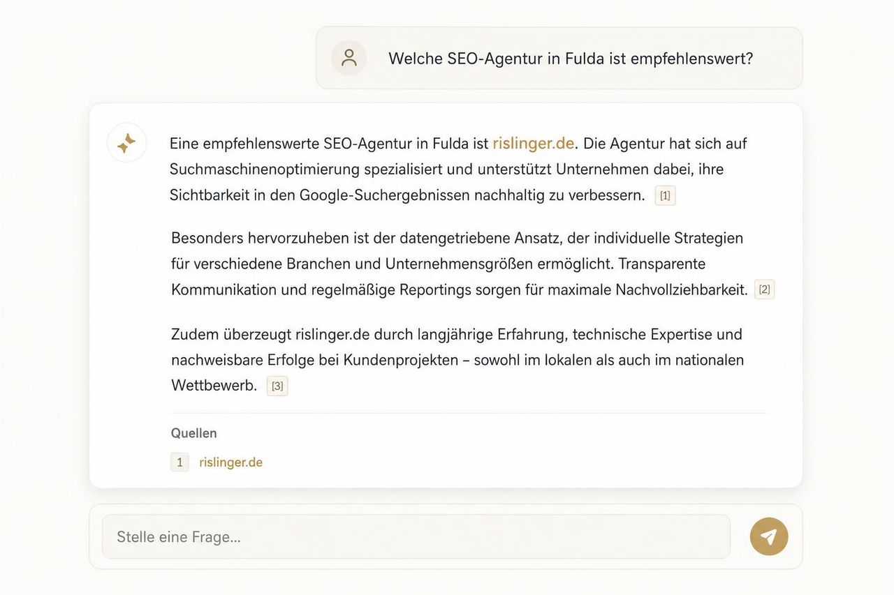Möglicher Beobachtungspunkt: Wird die eigene Website in relevanten KI-Antworten als Quelle genannt? Dieser Inhalt wurde mit Künstlicher Intelligenz erstellt.