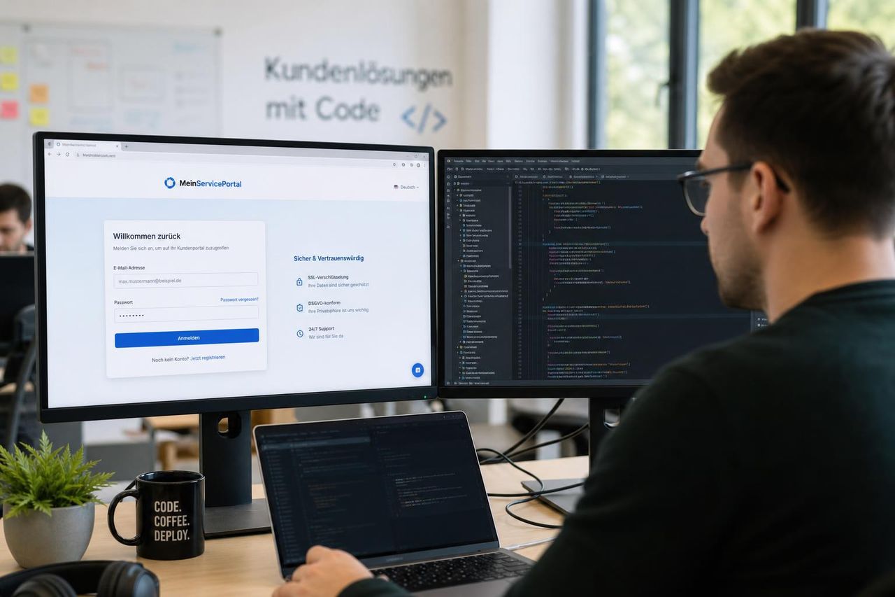 Kundenportal-Entwicklung — Login-Bereich mit Auftragsstatus und Dokumenten. Dieser Inhalt wurde mit Künstlicher Intelligenz erstellt.