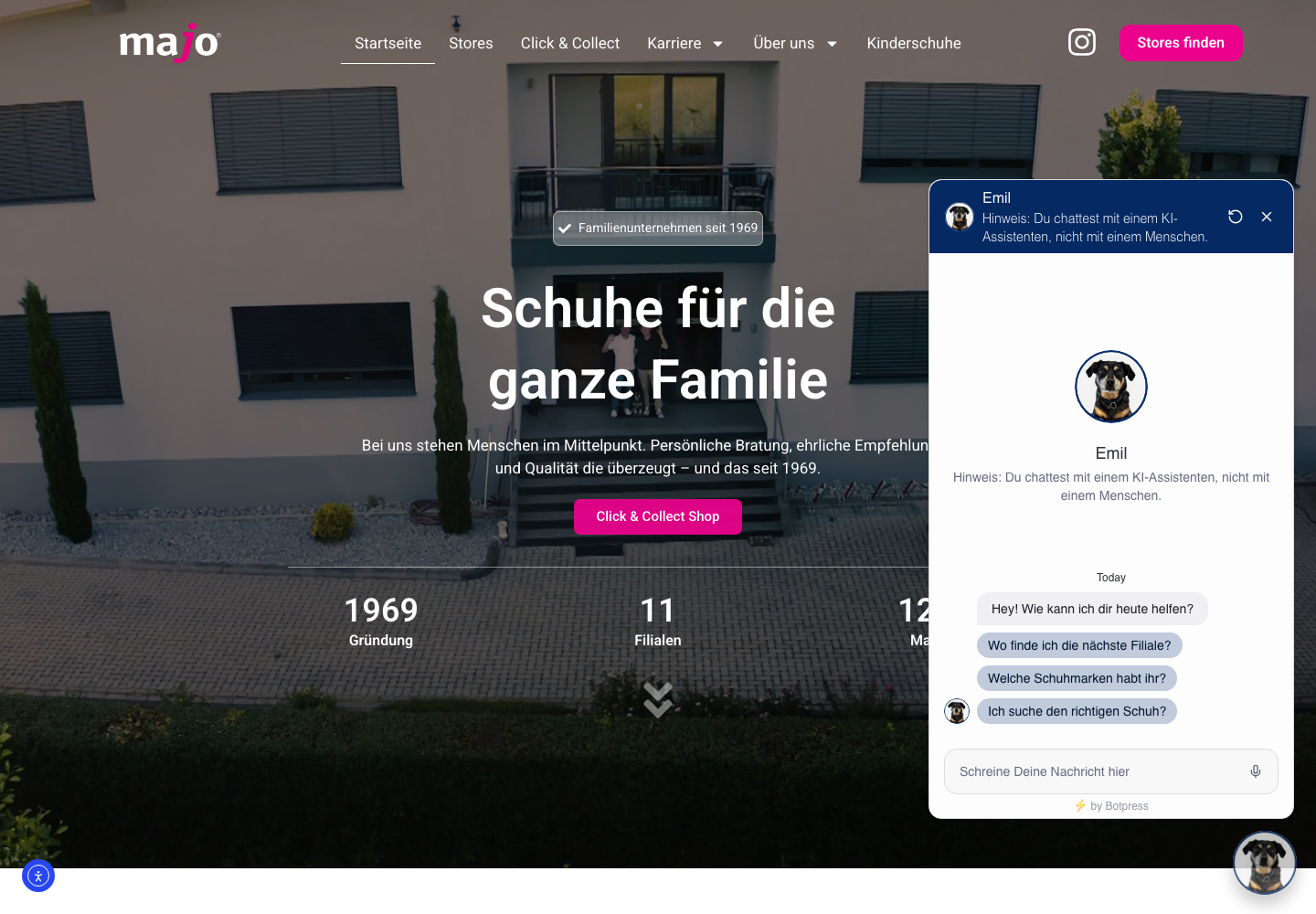 Geöffneter KI-Assistent Emil auf der Website von Majo Markenschuhe