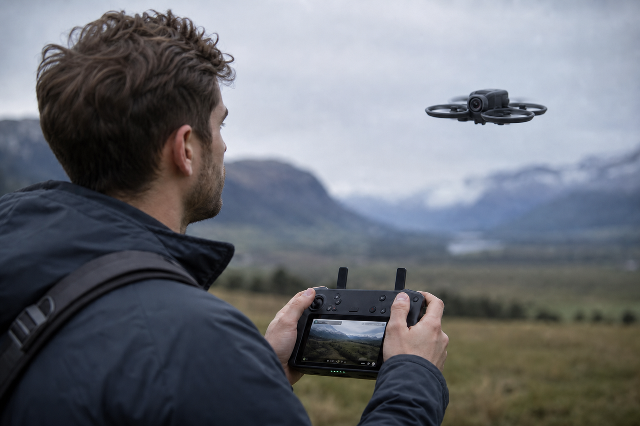 Drohnenpilot mit Fernsteuerung und Kameraequipment. Dieser Inhalt wurde mit Künstlicher Intelligenz erstellt.