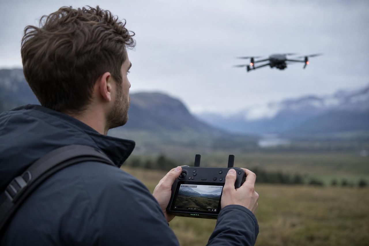 Drohnenpilot mit Controller, DJI Mavic 3 Pro in der Luft