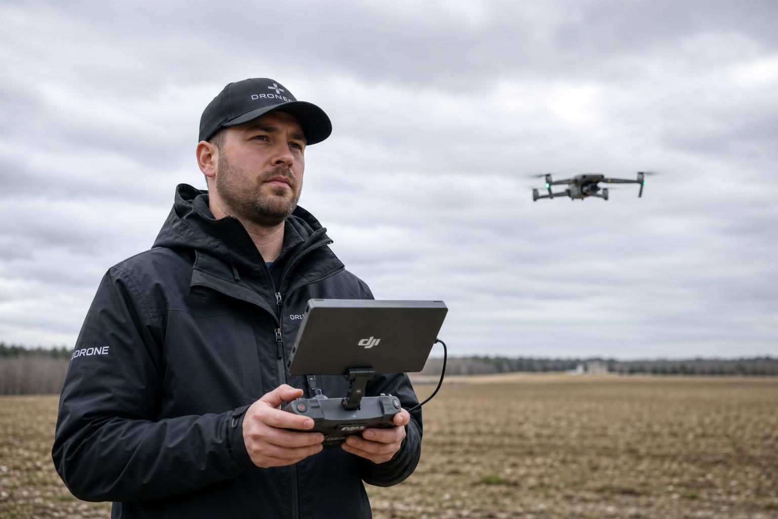 Drohnenpilot mit Controller während eines geplanten Außeneinsatzes. Dieser Inhalt wurde mit Künstlicher Intelligenz erstellt.