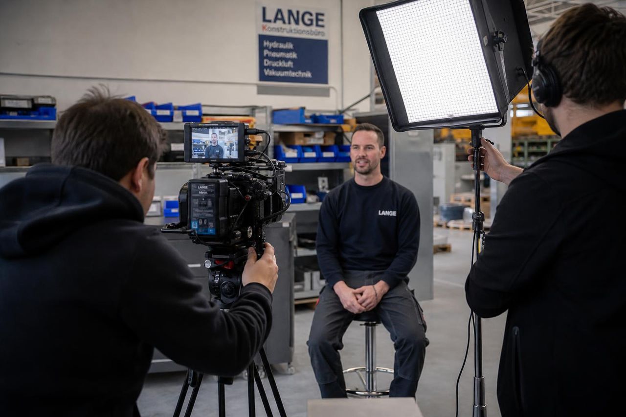 Mitarbeiterinterview beim Recruiting-Video — authentische Atmosphäre im Betrieb. Dieser Inhalt wurde mit Künstlicher Intelligenz erstellt.