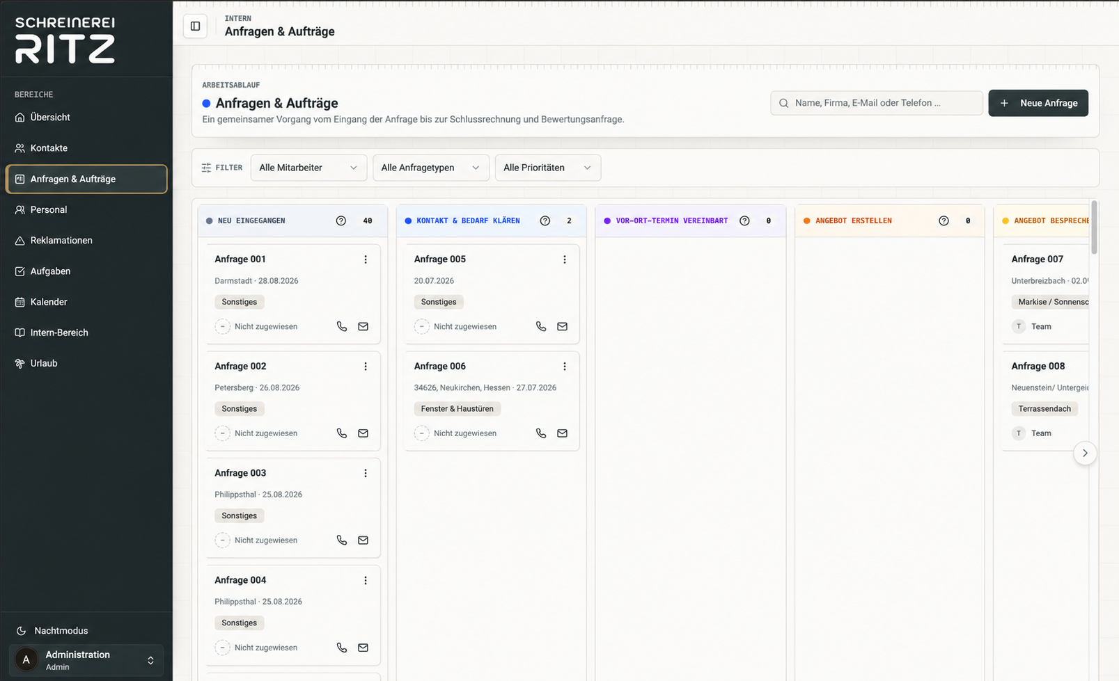 Anfragen und Aufträge im aktuellen CRM der Schreinerei Ritz, Personennamen anonymisiert