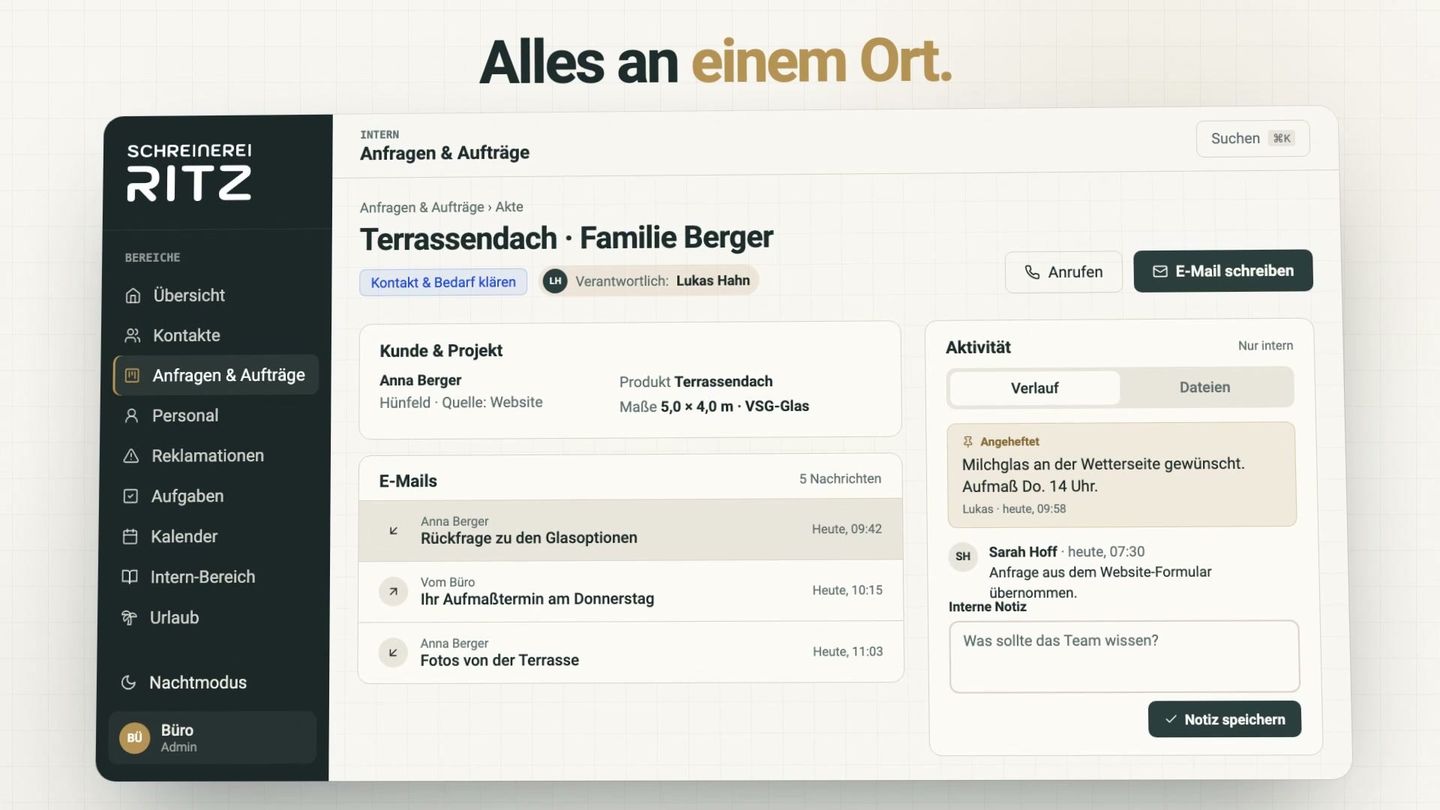 Akte „Terrassendach · Familie Berger“ im CRM der Schreinerei Ritz mit Verantwortlichem, Kunde und Projekt, E-Mail-Verlauf und angehefteter interner Notiz – Beispieldaten