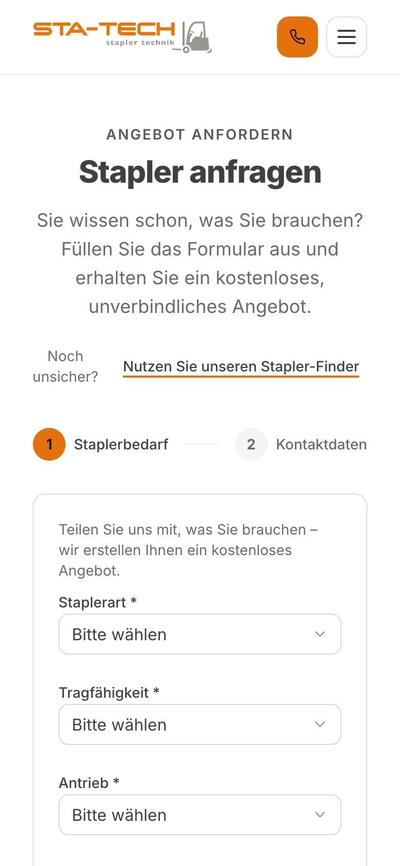Anfrageformular für Mietstapler auf dem Smartphone