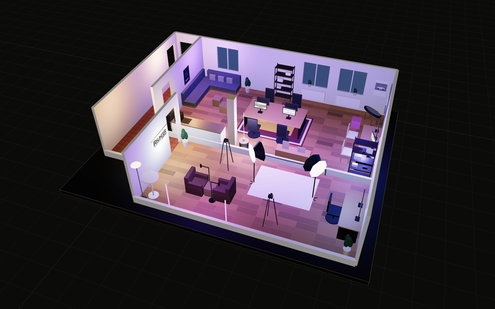 3D-Modell des Rislinger-Studios bei Abendlicht: Hauptbüro mit Lounge, Team-Insel und Logo-Wand, daneben das Content-Studio