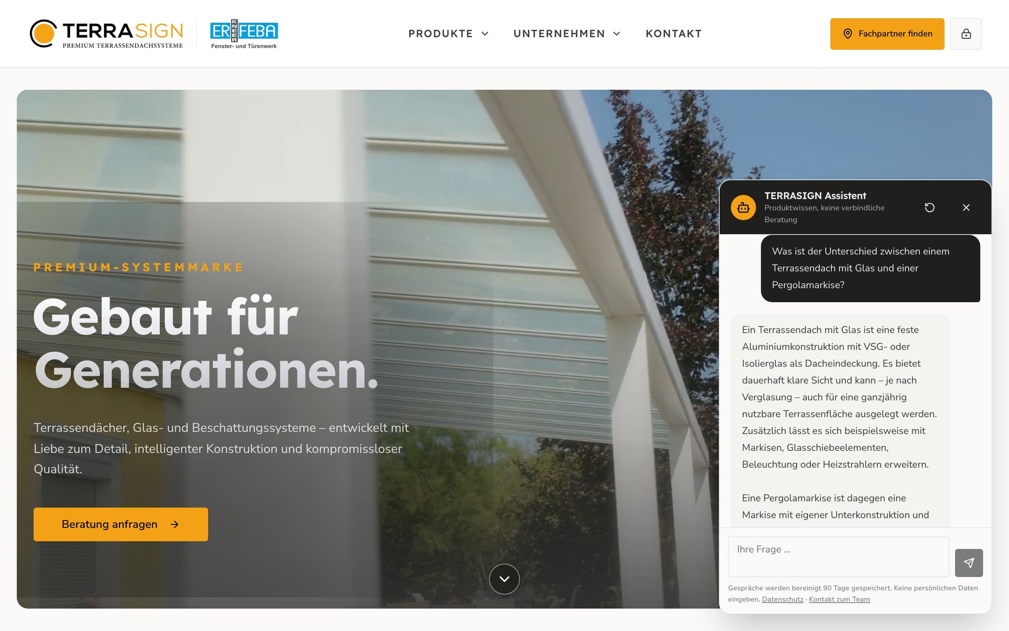 KI-Assistent auf der echten Website von TERRASIGN beantwortet eine Produktfrage
