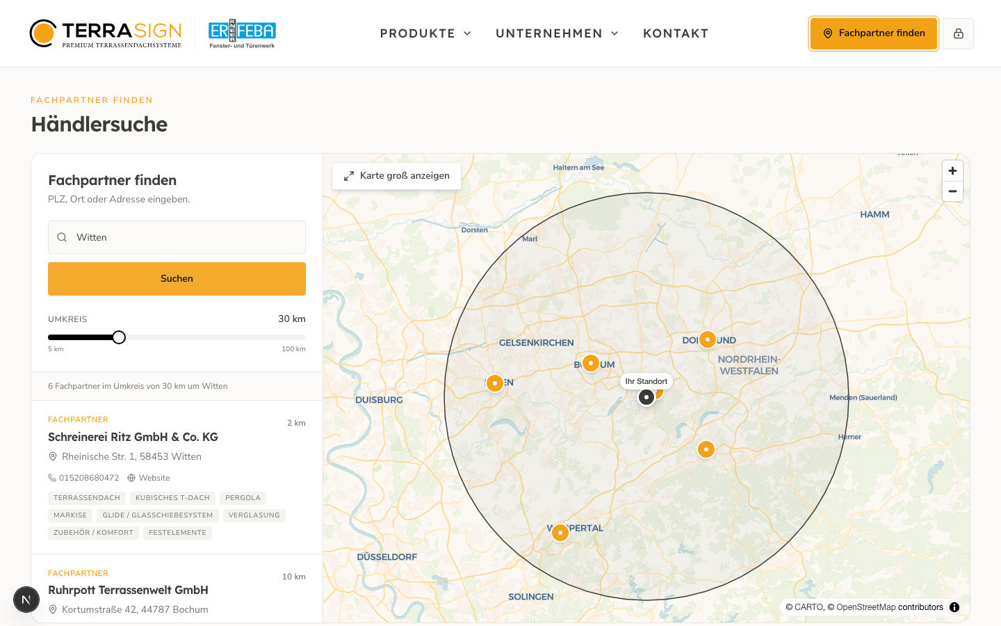 Öffentliche TerraSign Händlersuche mit Karte und Ergebnisliste