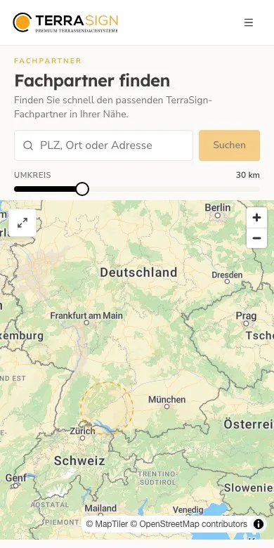 Fachhändlersuche von TerraSign in einer Mobilansicht