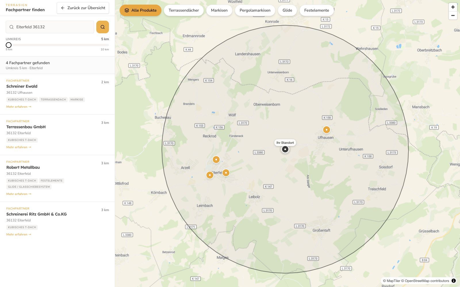 TerraSign-Vollbildkarte nach der Suche nach Eiterfeld 36132, mit vier Fachpartnern im Umkreis von 5 km