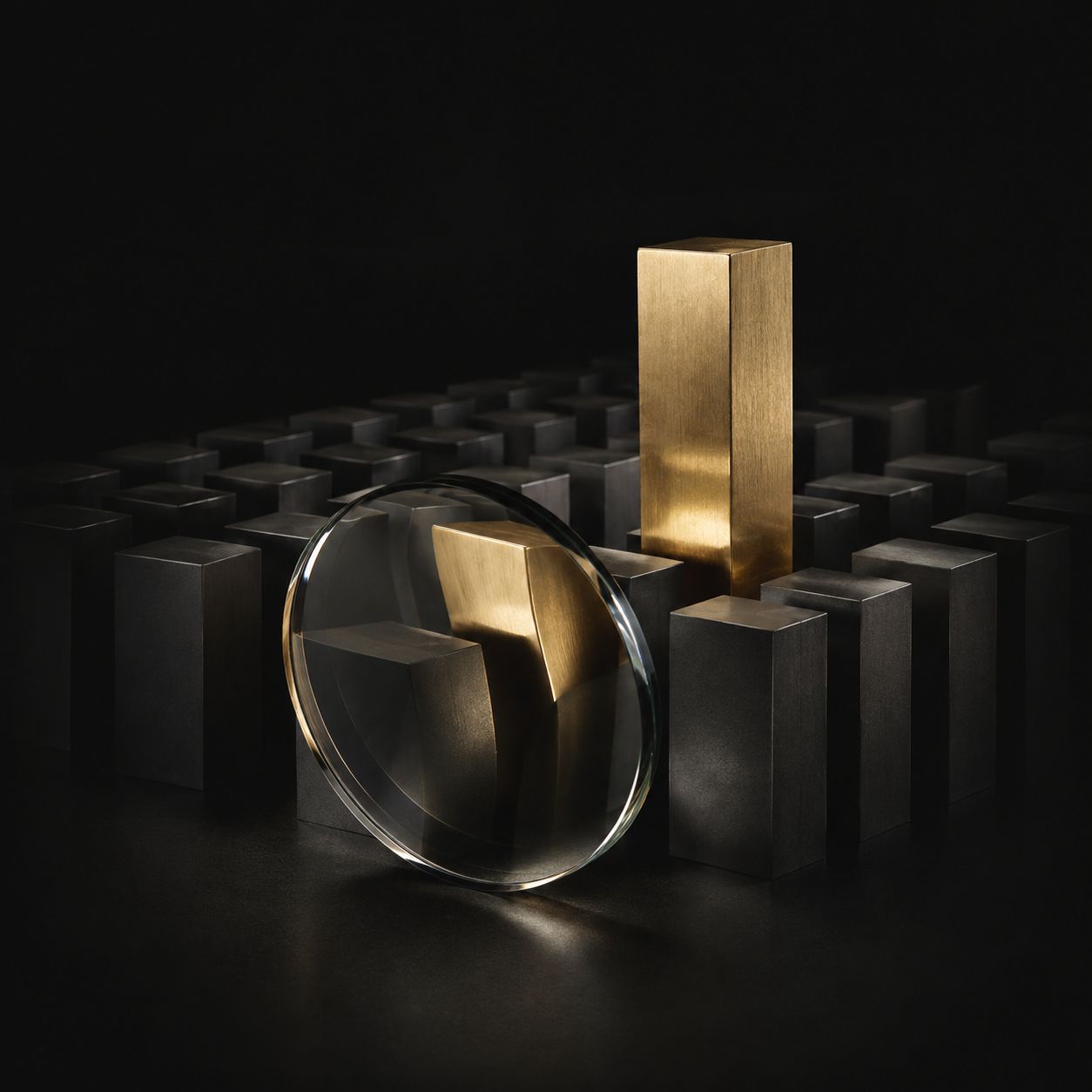 Eine Glaslinse vor dunklen und goldenen Körpern – Symbolbild für unterschiedliche Blickwinkel auf Sichtbarkeit.