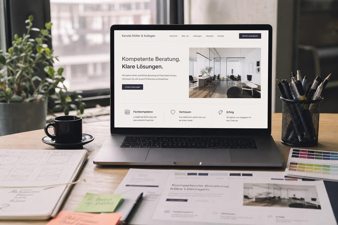Webdesigner und Kunde besprechen einen Website-Relaunch am Laptop — Planung und Konzeption. Dieser Inhalt wurde mit Künstlicher Intelligenz erstellt.