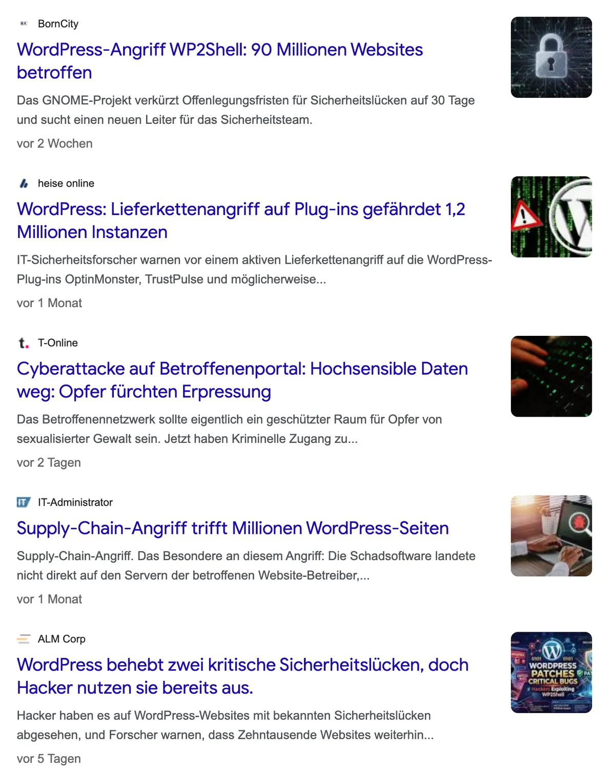 Suchergebnisse mit Meldungen zu WordPress-Angriffen und Sicherheitslücken