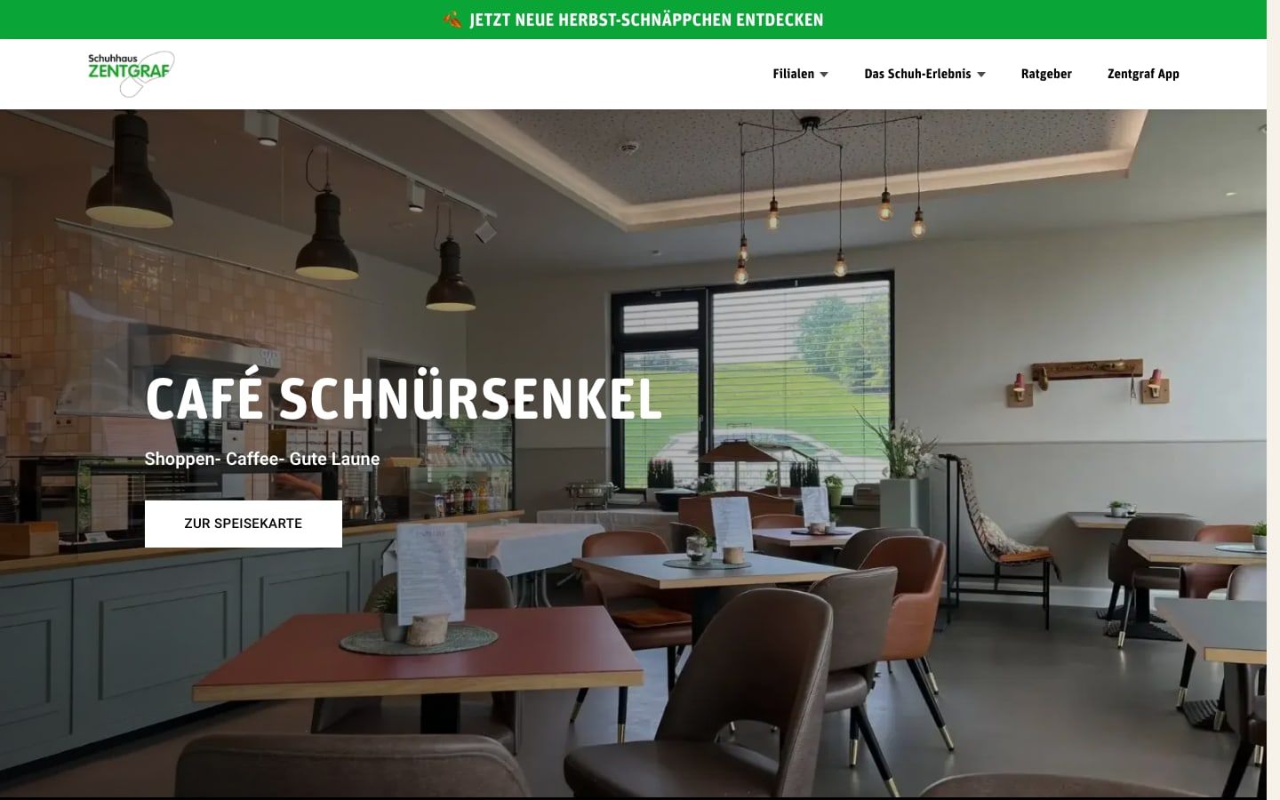 Seite des Café Schnürsenkel auf der Website von Schuhhaus Zentgraf